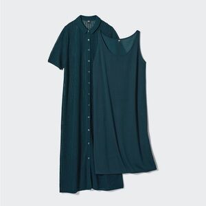 Uniqlo lace knit dress short sleeve dark green with jersey slip included M